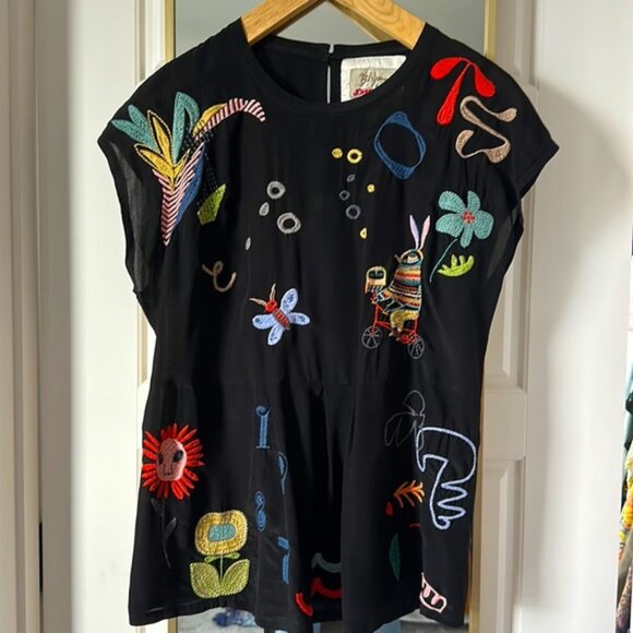 Johnny Was Biya Embroidered Silk Top with adjustable Tie-Back - Picture 1 of 6